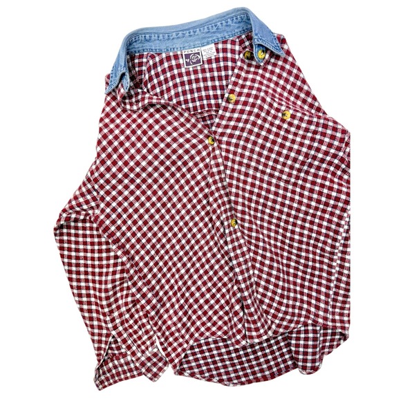 American Vintage Tops - Vintage Red Gingham Waffle Texture Button Down Shirt Denim Collar Cotton Nepal M
